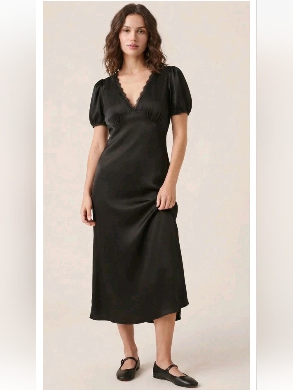 Abercrombie And Fitch Black Satin Puff Sleeve Lace Trim Midi Dress! Size S